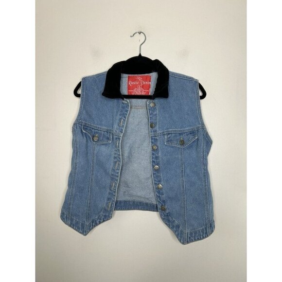 RD Rustic Denim Blue Jean Vest Retro Destressed Soft Jacket Button Down Large - Picture 1 of 9
